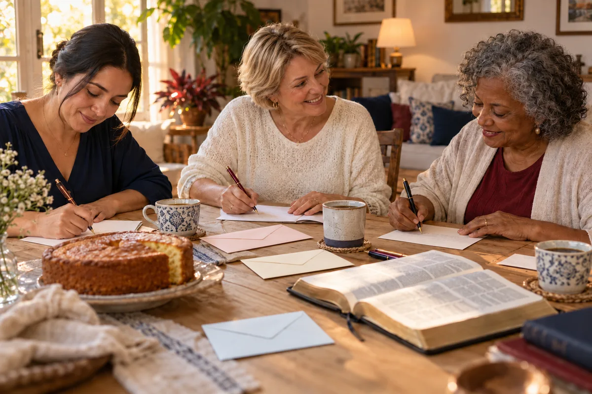 Três amigas escrevendo cartas juntas em volta de uma mesa
