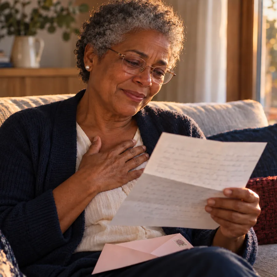 Senhora emocionada lendo uma carta que chegou pelo correio
