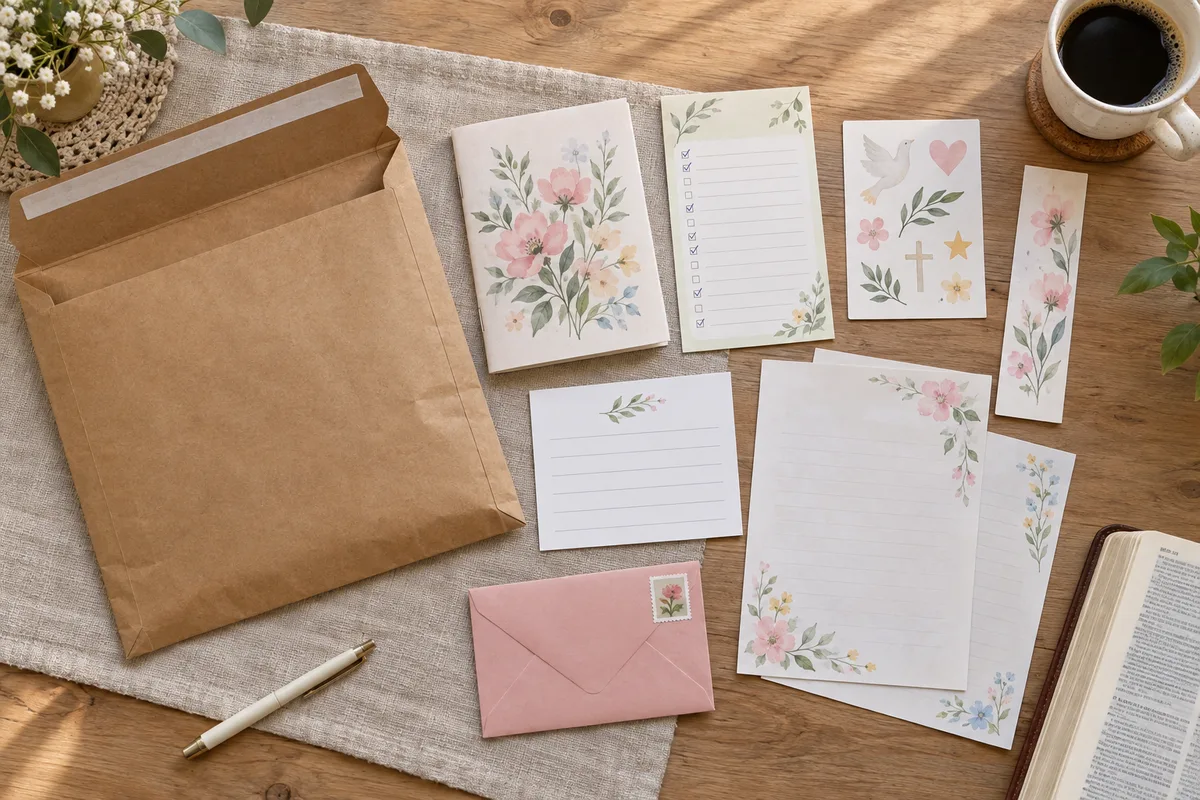 Kit de outubro: envelope kraft reforçado, devocional, plano de leitura, adesivos, marca-página, ficha, papel de carta e envelope de resposta